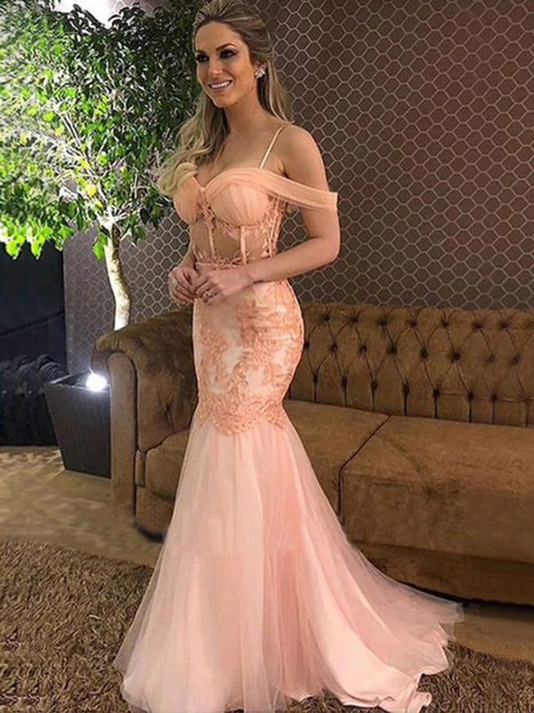 Sexy Blush Pink Off-shoulder Corset Top Mermaid Lace Long Prom Dress, SposaBridal Sexy Blush Pink Off-shoulder Corset Top Mermaid Lace Long Prom Dress, SposaBridal