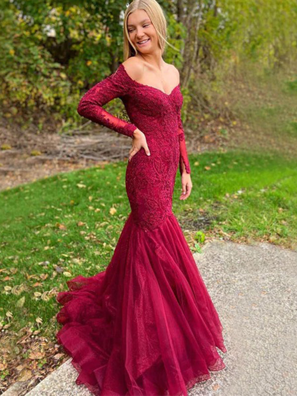 Sexy Burgundy Long Sleeves Off-shoulder Lace Mermaid Tulle Trumpet Pro SposaBridal Sexy Burgundy Long Sleeves Off-shoulder Lace Mermaid Tulle Trumpet Pro SposaBridal
