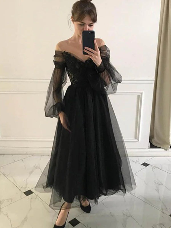 Elegant Black Off-shoulder Tulle Lace Top A-line Ankle-length Prom Dre SposaBridal Elegant Black Off-shoulder Tulle Lace Top A-line Ankle-length Prom Dre SposaBridal