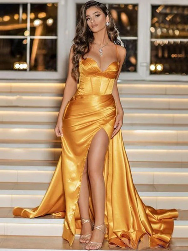 Sexy Gold Spaghetti Strap Sweetheart Corset Top Mermaid Side-slit Long Prom Dress, PD3226