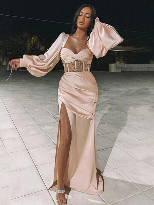 long sleeve blush prom dress Mermaid Pink Satin Sleeved Dress With 3D Flowers