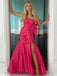 Cute Hot Pink Steaight-across Bow Tie Side-slit Mermaid Long Prom Dress, PD3236