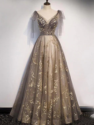 Elegant V-neck Organza Grey Lace A-line Spaghetti Straps Lace-up Back Long Prom Dress, PD3239