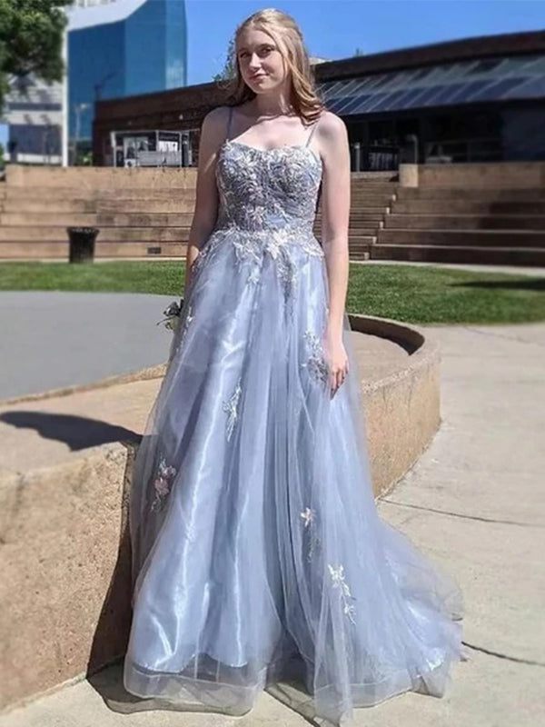 Pale Blue Spaghetti Straps Lace Top A-line Organza Long Prom Dress, PD SposaBridal Pale Blue Spaghetti Straps Lace Top A-line Organza Long Prom Dress, PD SposaBridal