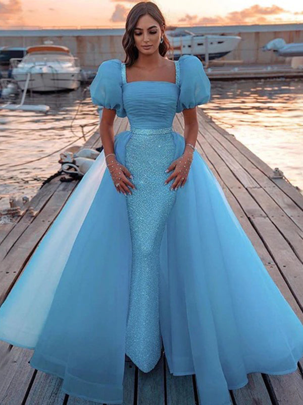 bubble sleeve prom dress Mermaid Strapless Asymmetrical Bubble Sleeves Floor-length Long Sleeve Prom Dress