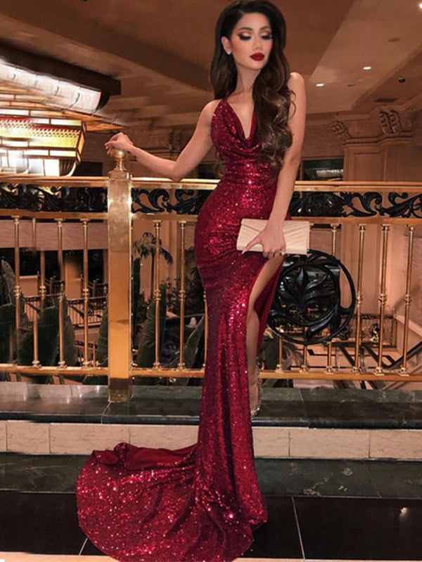 burgundy dress with train Burgundy One-shoulder High Split Long Prom Dress with Half train