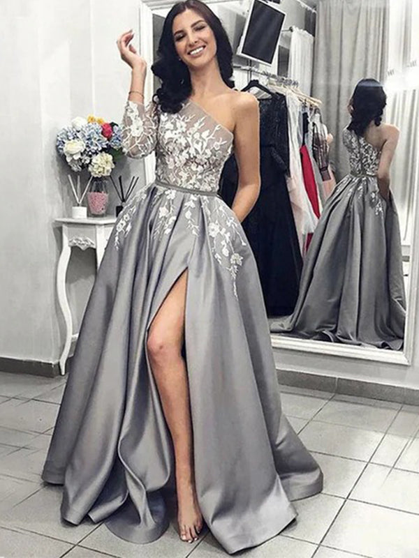 Elegant Grey One-shoulder Floral Top Side-slit A-line Long Prom Dress, SposaBridal Elegant Grey One-shoulder Floral Top Side-slit A-line Long Prom Dress, SposaBridal