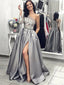 Elegant Grey One-shoulder Floral Top Side-slit A-line Long Prom Dress, PD3251