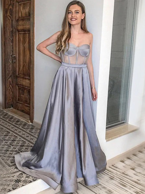 Sexy Sweetheart Grey See-through Top A-line Long Prom Dress, PD3257 – SposaBridal Sexy Sweetheart Grey See-through Top A-line Long Prom Dress, PD3257 – SposaBridal