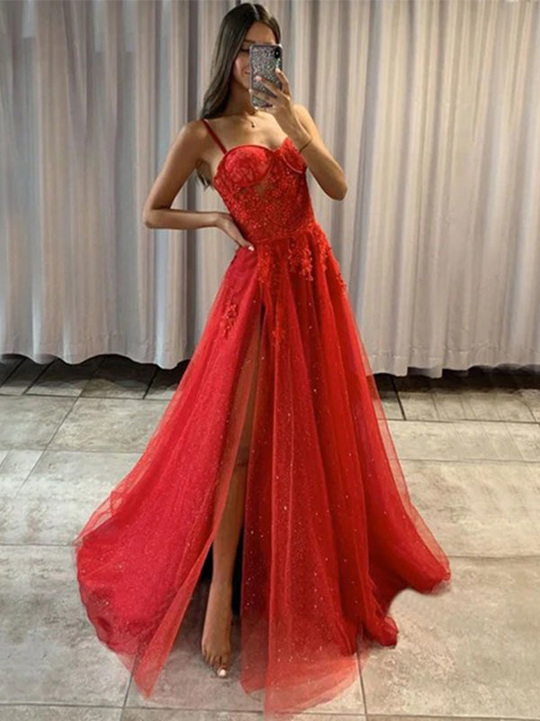 Sparkling Sexy Red Spaghetti Straps Sweetheart Lace Top Side-slit A-li SposaBridal Sparkling Sexy Red Spaghetti Straps Sweetheart Lace Top Side-slit A-li SposaBridal