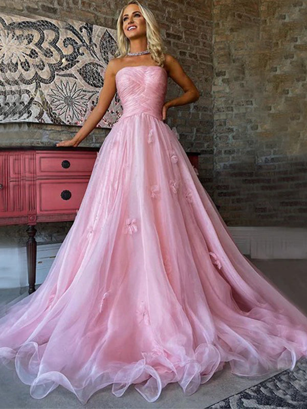 Strapless Straight -across Pink Pleats Top A-line Long Prom Dress, PD3 SposaBridal Strapless Straight -across Pink Pleats Top A-line Long Prom Dress, PD3 SposaBridal