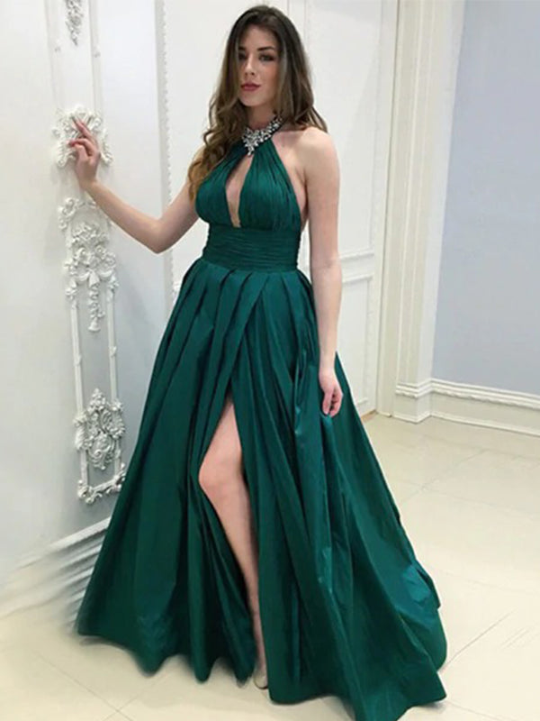 Sexy Halter Emerald Green Open Back A-line Side-slit Long Prom Dress, SposaBridal Sexy Halter Emerald Green Open Back A-line Side-slit Long Prom Dress, SposaBridal