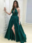 Sexy Halter Emerald Green Open Back A-line Side-slit Long Prom Dress, PD3268