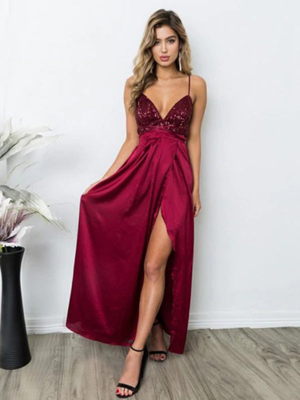 Sexy Dark Red Spaghetti Strap V-neck Sequin Top Side-slit A-line Long SposaBridal Sexy Dark Red Spaghetti Strap V-neck Sequin Top Side-slit A-line Long SposaBridal