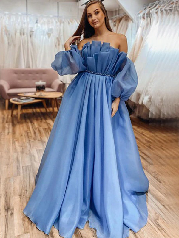 Blue Off-shoulder Elegant Ruffle Top Bubble Sleeves A-line Long Prom D SposaBridal Blue Off-shoulder Elegant Ruffle Top Bubble Sleeves A-line Long Prom D SposaBridal