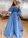 Blue Off-shoulder Elegant Ruffle Top Bubble Sleeves A-line Long Prom Dress, PD3295