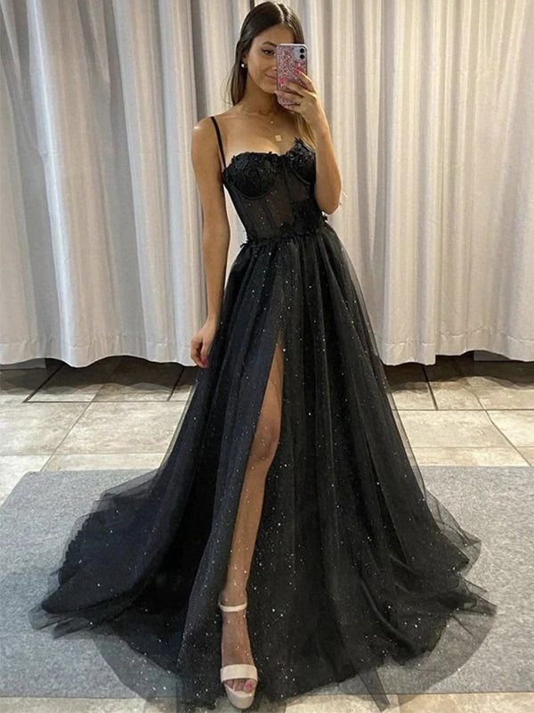 Sexy Black Spaghetti Straps Lace Top A-line Side-slit Sparkly Long Prom  Dress, PD3297