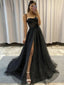 Sexy Black Spaghetti Straps Lace Top A-line Side-slit Sparkly Long Prom Dress, PD3297