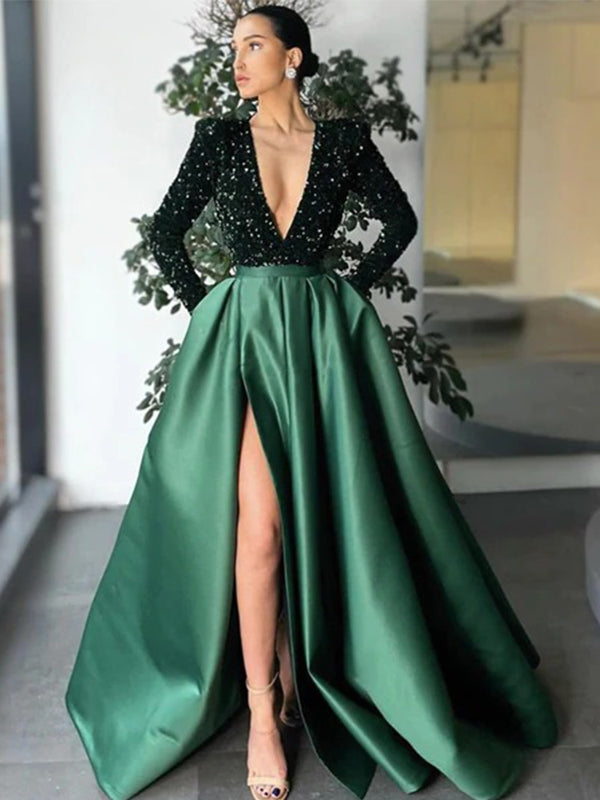 Sparkly V-neck Emerald Green Long Sleeves Side-slit A-line Prom Dress, SposaBridal Sparkly V-neck Emerald Green Long Sleeves Side-slit A-line Prom Dress, SposaBridal