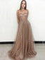 Sexy Champagne Gold Sparkly Spaghetti Straps A-line Long Prom Dress, PD3306
