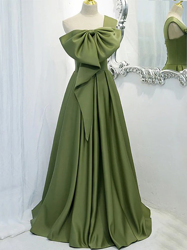 One-shoulder Sage Green Bow Tie A-line Long Prom Dress, Gown, PD3322 SposaBridal One-shoulder Sage Green Bow Tie A-line Long Prom Dress, Gown, PD3322 SposaBridal