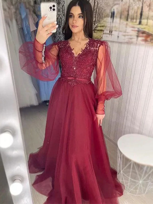 Elegant Burgundy Lace Top V-neck Tulle Sleeves A-line Prom Dress, PD33 SposaBridal Elegant Burgundy Lace Top V-neck Tulle Sleeves A-line Prom Dress, PD33 SposaBridal