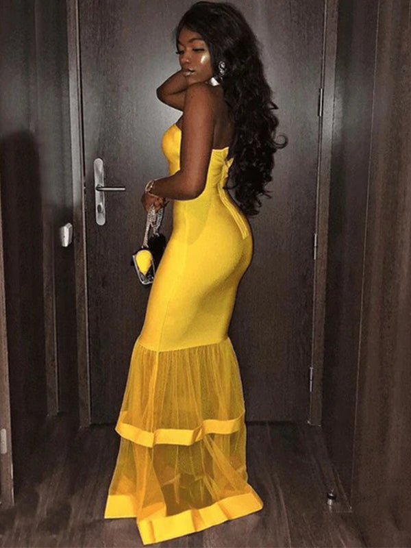 Bright Yellow Strapless Sexy Mermaid Long Ruffle Trumpet Prom Dress, P SposaBridal Bright Yellow Strapless Sexy Mermaid Long Ruffle Trumpet Prom Dress, P SposaBridal