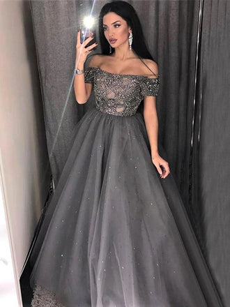 Sparkly Gray Off-shoulder Beads Top A-line Long Prom Dress, PD3347