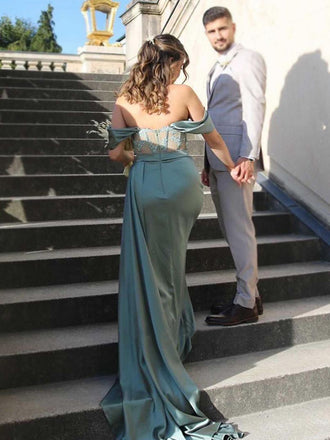 Sexy Gray Off-shoulder Lace Top Side-slit Mermaid Long Prom Dress, PD3353