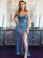 Blue Mermaid Spaghetti Straps V-neck Sexy Side-slit Lace Top Prom Dress, PD3427