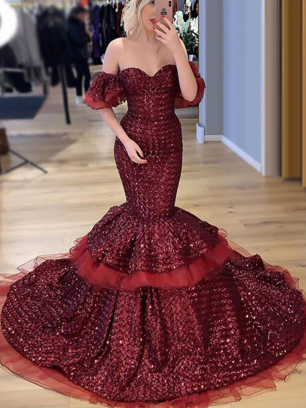 Burgundy Sexy Off-shoulder Sweetheart Mermaid Trumpet Long Prom Dress, SposaBridal Burgundy Sexy Off-shoulder Sweetheart Mermaid Trumpet Long Prom Dress, SposaBridal