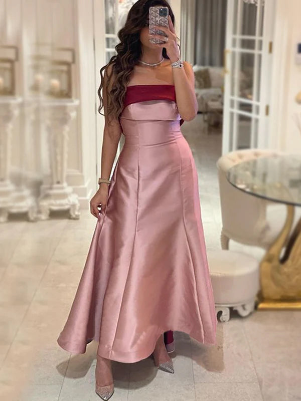 A-line Deep V-neck Long Satin Prom Dresses With Split, PD1025