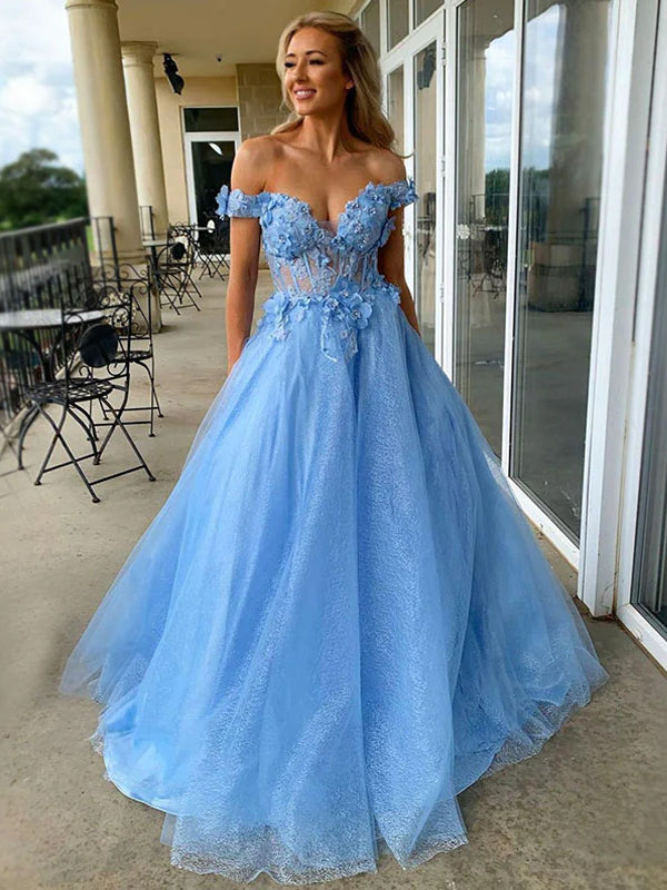 Sexy Sparkly Sky Blue Off-shoulder Floral Top A-line Long Prom Dress, –  SposaBridal