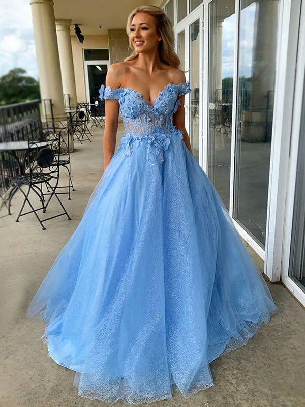 Sexy Sparkly Sky Blue Off-shoulder Floral Top A-line Long Prom Dress, SposaBridal Sexy Sparkly Sky Blue Off-shoulder Floral Top A-line Long Prom Dress, SposaBridal