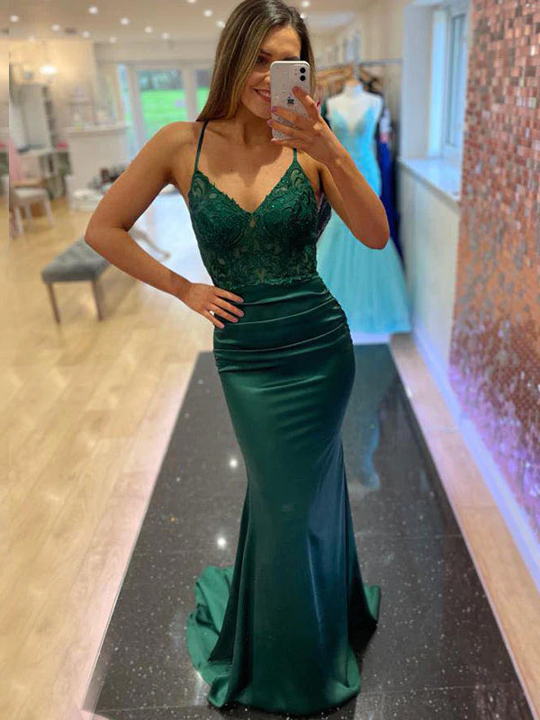 Sexy Emerald Green Spaghetti Srtaps V-neck Lace Top Long Mermaid Prom SposaBridal Sexy Emerald Green Spaghetti Srtaps V-neck Lace Top Long Mermaid Prom SposaBridal