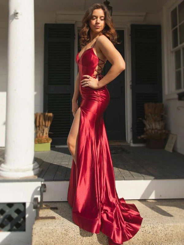 Sexy Red Spaghetti Straps V-neck Lace Up Back Side-slit Mermaid Long Prom Dress, PD3450