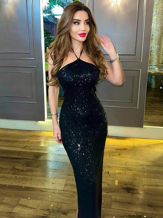 Sexy Sparkly Black Halter Mermaid Long Sequin Prom Dress, PD3452
