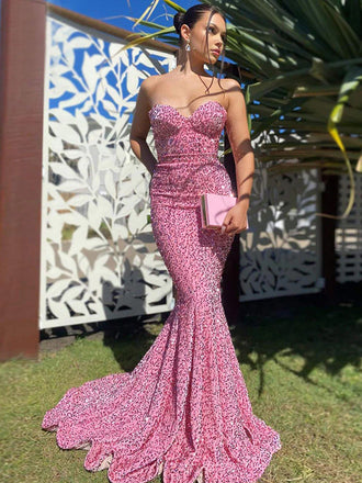 Sexy Candy Pink & Red Strapless Sweetheart Sparkly Mermaid Long Prom Dresses, PD3453
