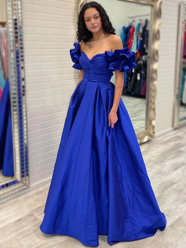 Royal Blue Elegant Off-shoulder Ruffle Sleeves A-line Long Prom Dress, SposaBridal Royal Blue Elegant Off-shoulder Ruffle Sleeves A-line Long Prom Dress, SposaBridal