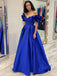 Royal Blue Elegant Off-shoulder Ruffle Sleeves A-line Long Prom Dress, PD3456