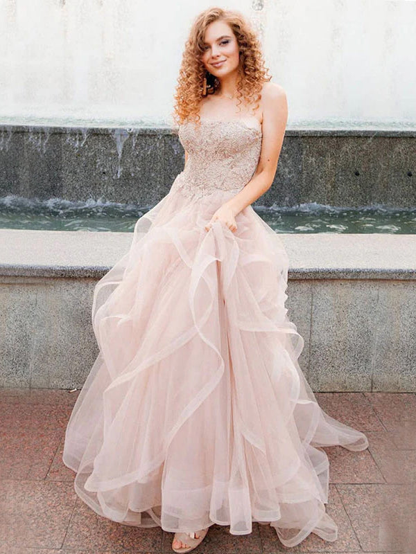 Blush Pink Straight Across Lace Top A-line Tulle Asymmetric Long Prom Dresses, PD3458
