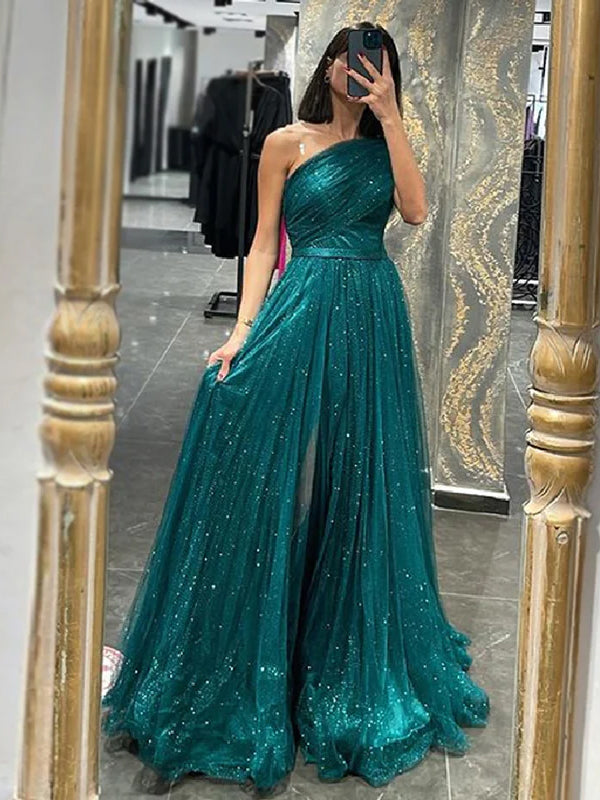 One-shoulder Sparkly Teal Green A-line Long Prom Dresses, PD3462 SposaBridal One-shoulder Sparkly Teal Green A-line Long Prom Dresses, PD3462 SposaBridal