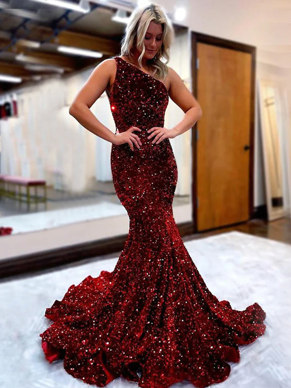 Sexy Dark Red Sparkly Open Back One-shoulder Mermaid Long Prom Dresses SposaBridal Sexy Dark Red Sparkly Open Back One-shoulder Mermaid Long Prom Dresses SposaBridal