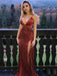 Sexy Dark Red V-neck Spaghetti Straps Side Slits Mermaid Long Prom Dress, PD3471