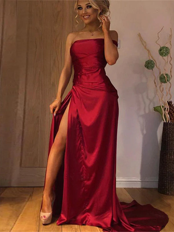 One-shoulder Dark Red High Side-slit Mermaid Long Tail Prom Dress, PD3 SposaBridal One-shoulder Dark Red High Side-slit Mermaid Long Tail Prom Dress, PD3 SposaBridal