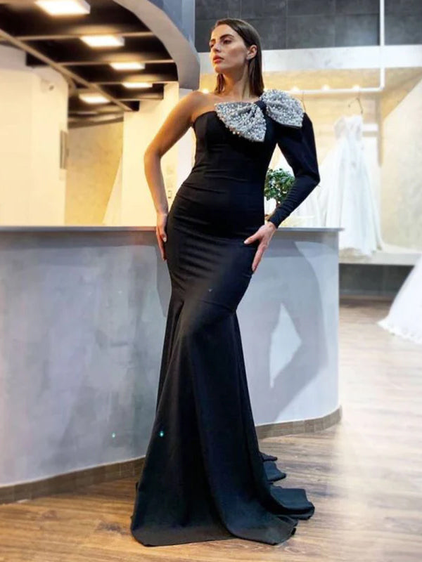 Black Elegant One-shoulder Bow Tie Mermaid Long Prom Dress, PD3473 SposaBridal Black Elegant One-shoulder Bow Tie Mermaid Long Prom Dress, PD3473 SposaBridal