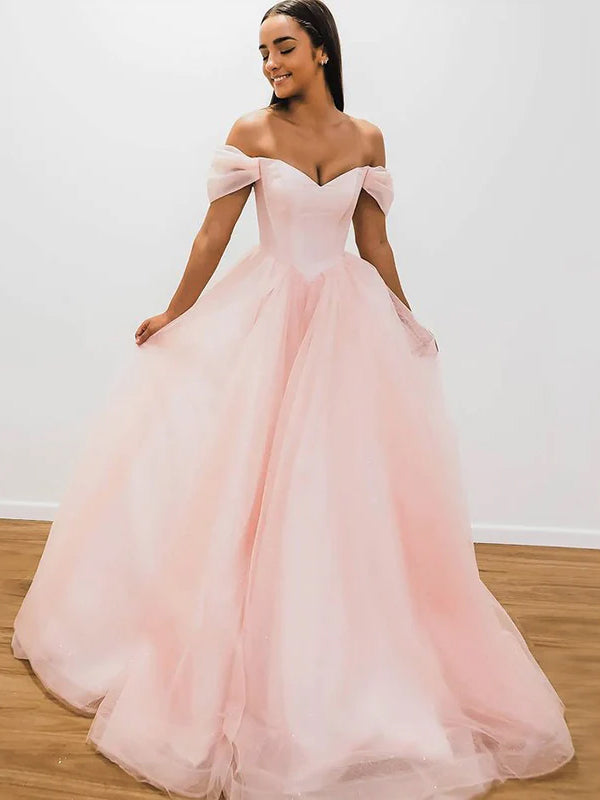 Blush Pink Off-shoulder V-neck Lace-up Back A-line Long Prom Dress, PD SposaBridal Blush Pink Off-shoulder V-neck Lace-up Back A-line Long Prom Dress, PD SposaBridal