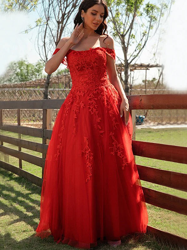 Red Off-shoulder Lace Top Sexy A-line Long Prom Dress, PD3475 SposaBridal Red Off-shoulder Lace Top Sexy A-line Long Prom Dress, PD3475 SposaBridal