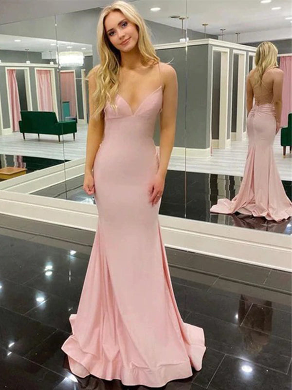 Blush Pink Spaghetti Straps Open Back V-neck Simple Mermaid Prom Dress SposaBridal Blush Pink Spaghetti Straps Open Back V-neck Simple Mermaid Prom Dress SposaBridal
