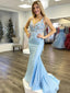 Sexy Sky Blue V-neck Lace Top Hollow Back Mermaid Long Prom Dress, PD3477